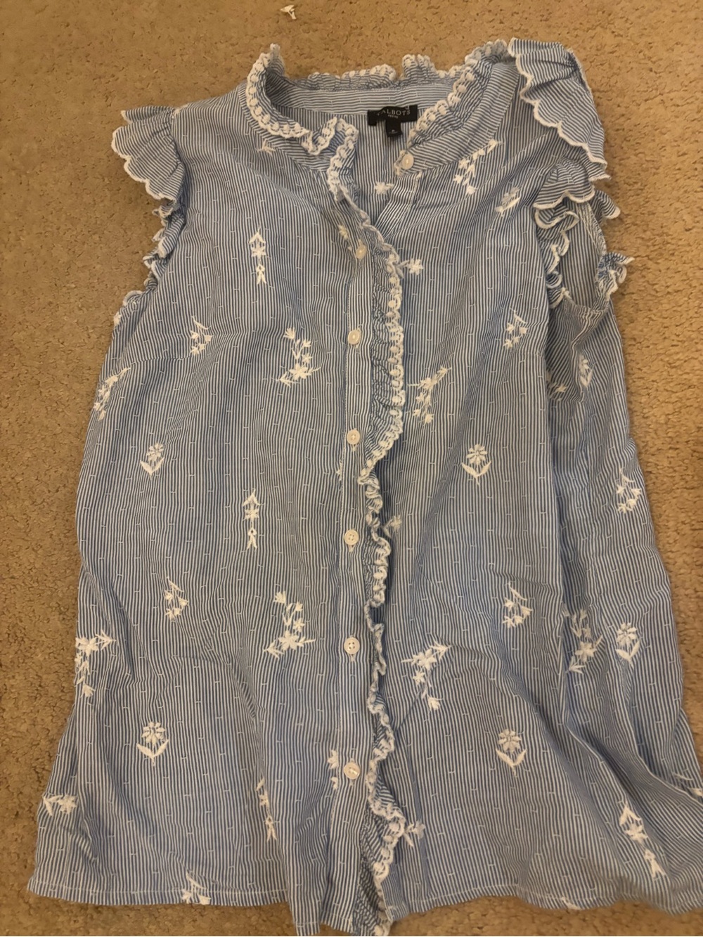 Talbots Blue & White Striped Ruffle Button-Front Top